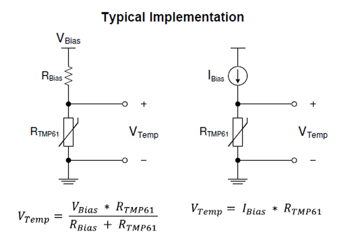 2.作為電阻組件，可以使用電壓源（左）或電流源（右）來驅(qū)動熱敏電阻。實(shí)際上，大多數(shù)電壓驅(qū)動電路使用比例布置來消除源漂移的影響