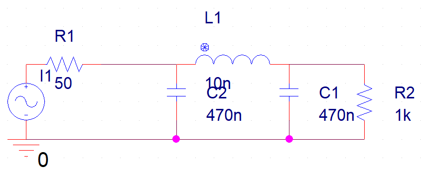 具有50 Ohm輸出阻抗的FM源連接到Pi濾波器和下游負(fù)載（R2）